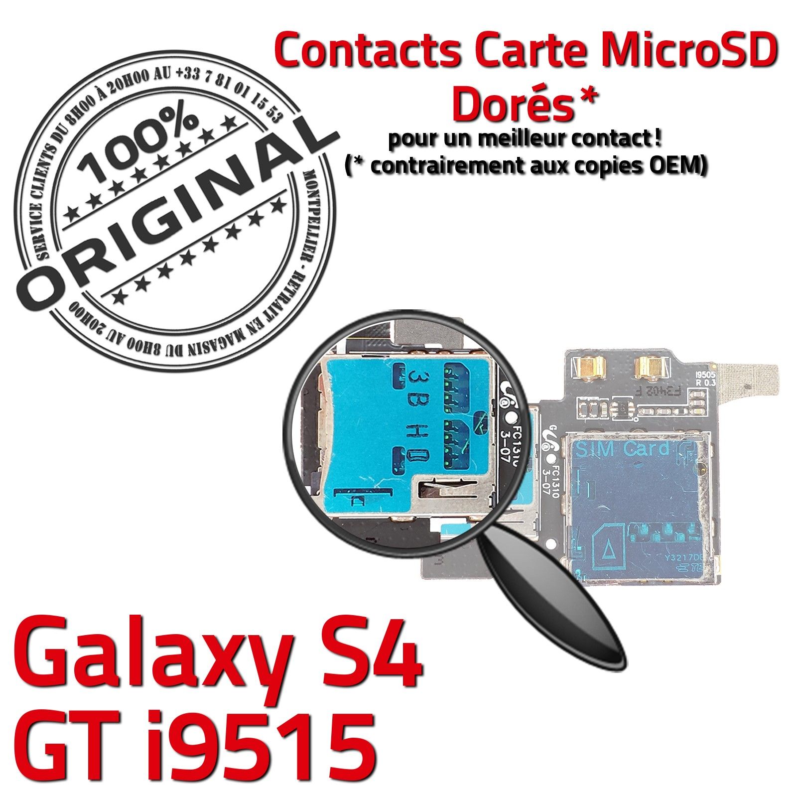 ORIGINAL Samsung Galaxy S4 GT i9515 Lecteur Carte Memoire SIM Micro-SD  Connecteur Contacts Dorés Reader Connector Nappe Qualité