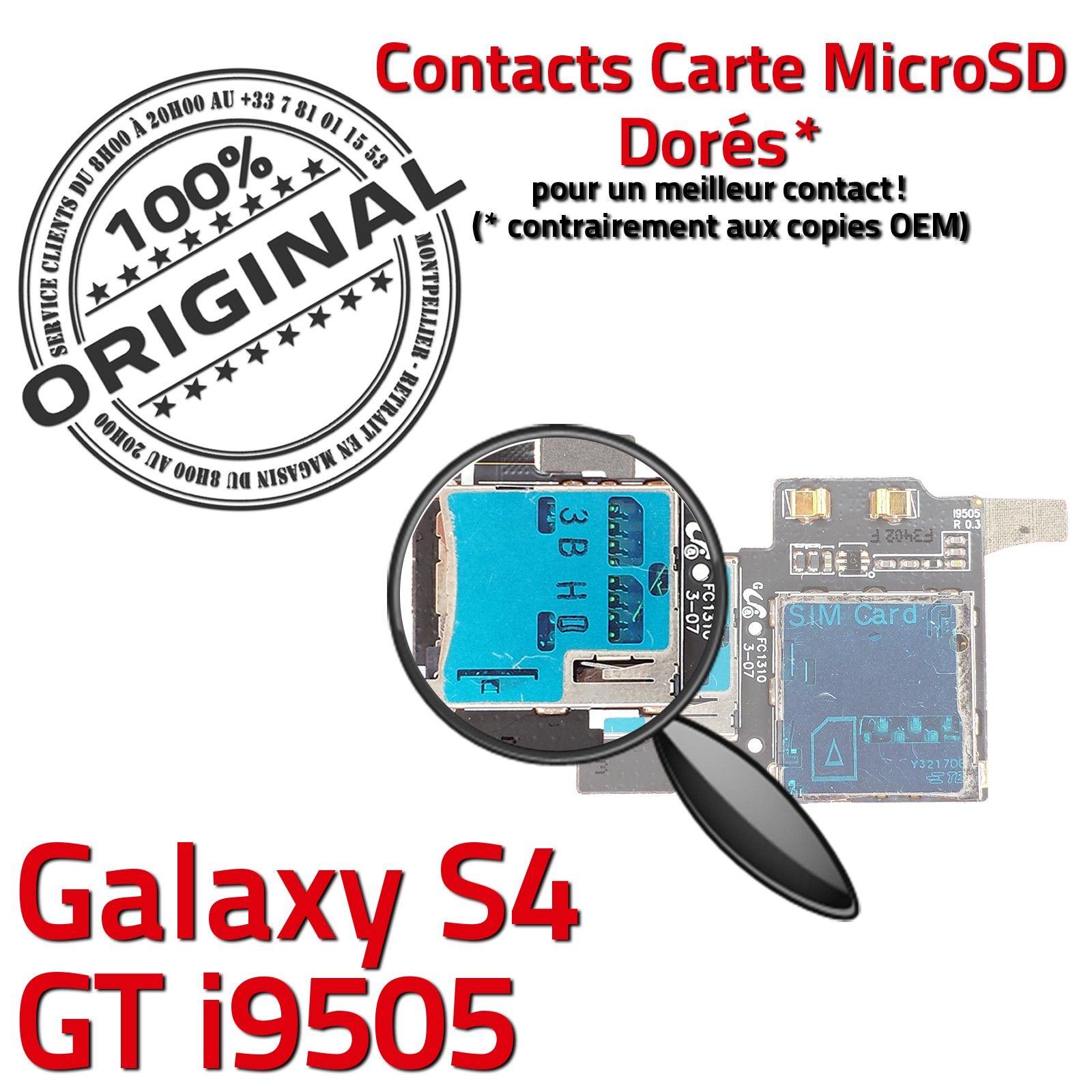 ORIGINAL Samsung Galaxy S4 GT i9505 Lecteur Carte Memoire SIM Micro-SD Connecteur Contacts Dorés Reader Connector Nappe Qualité