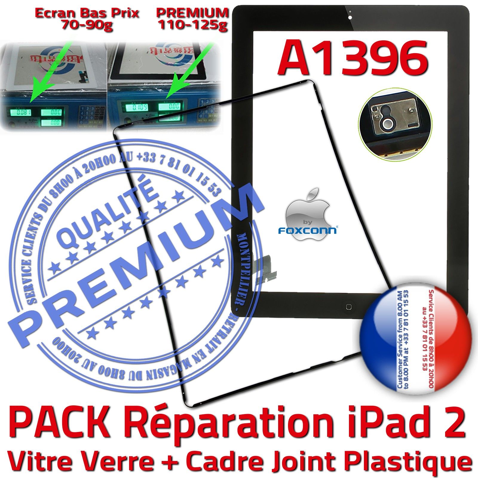 KIT Réparation Tablette Apple iPad2 A1396 Vitre Tactile Noire Verre PREMIUM Adhésif Precollé Bouton HOME Joint Cadre Chassis