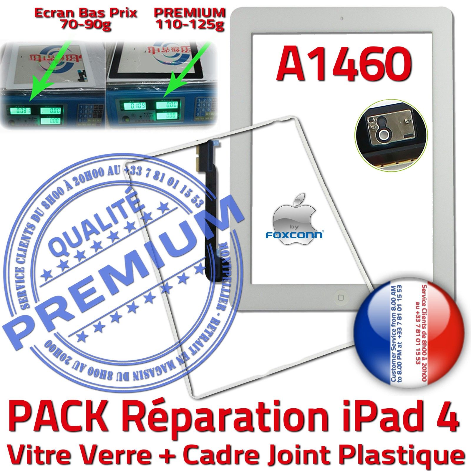 PACK Réparation Tablette Apple iPad4 A1460 Vitre Tactile Blanche Verre PREMIUM Adhésif Precollée Bouton HOME Joint Cadre Contour