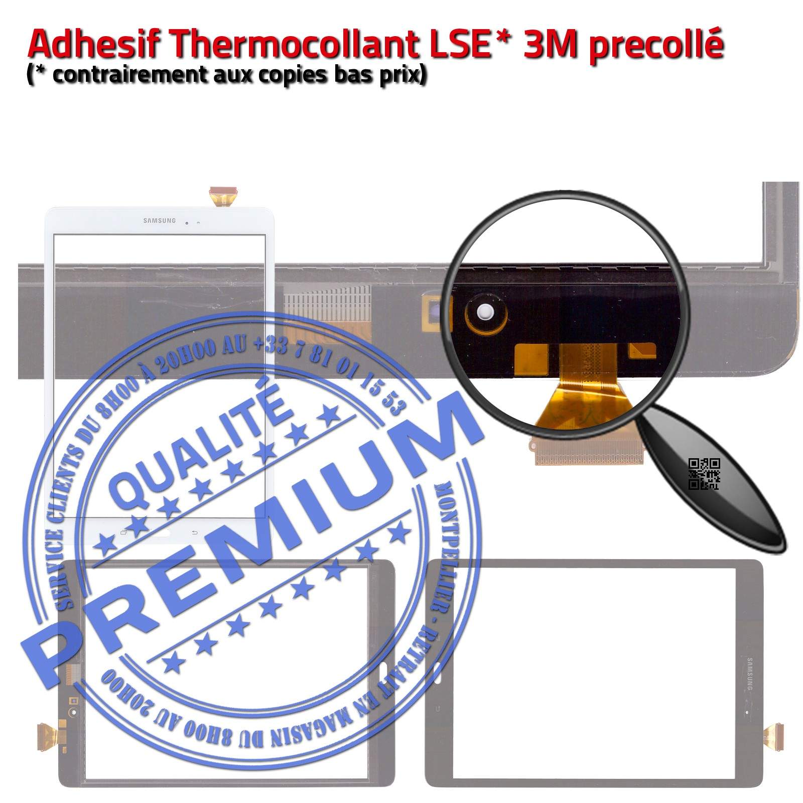 Ecran PREMIUM Noir Adhésif Prémonté Samsung T551 TAB A Vitre Tactile Assemblée