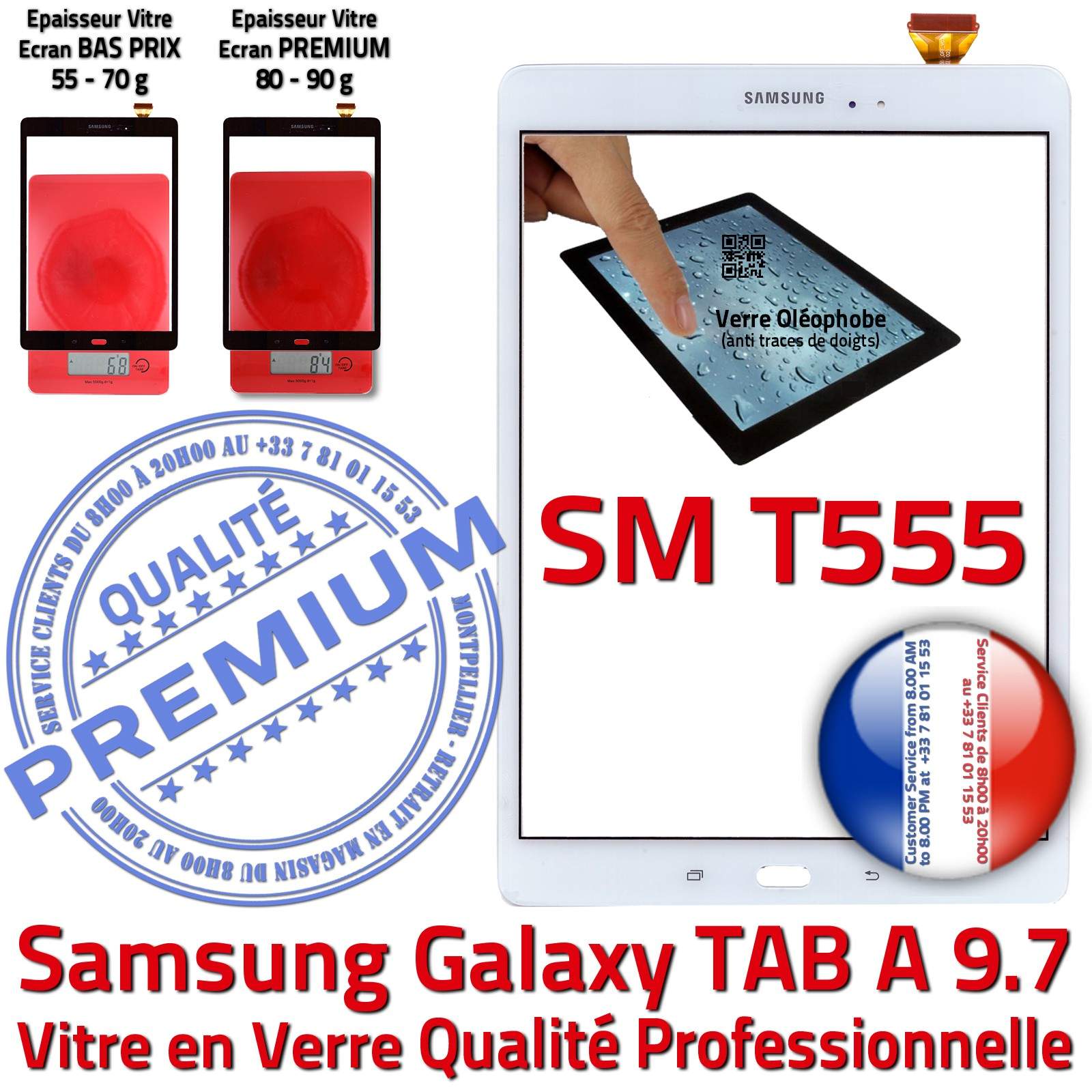 Vitre Tactile Blanche Verre Samsung Galaxy TAB-A SM-T555 9.7 Assemblée Adhésif Ecran Blanc Assemblé Qualité Supérieure PREMIUM