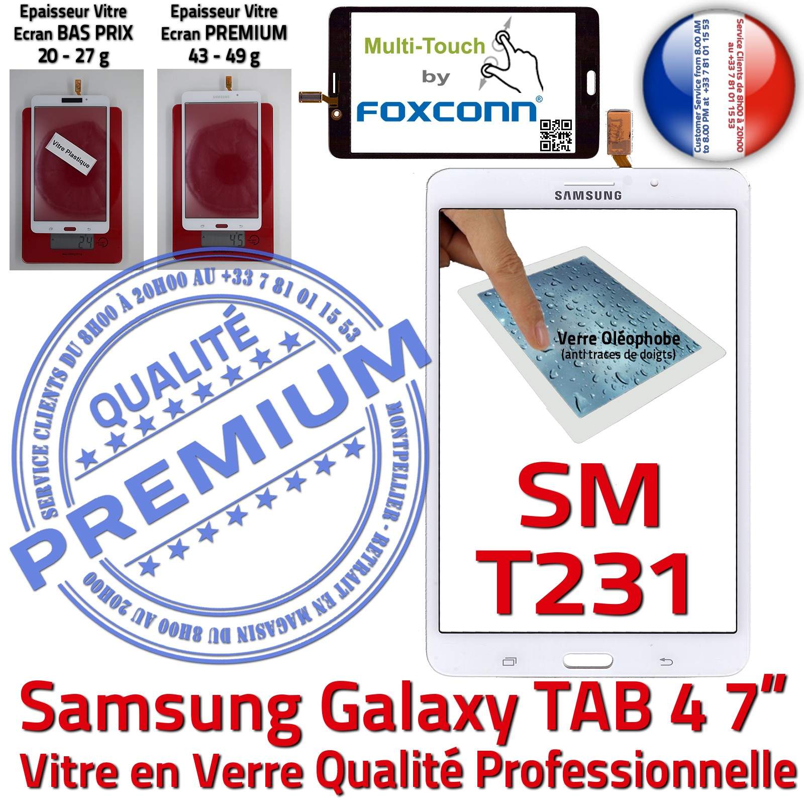 Samsung Galaxy TAB4 SM-T231NZWAXEF Vitre Tactile Blanche Verre Qualité Supérieure PREMIUM Assemblée Adhésif LCD Ecran Prémonté